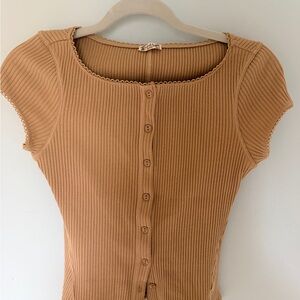 FREE PEOPLE Women's Tan Ribbed Button-Up Top